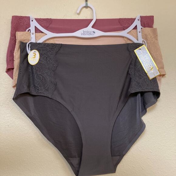 Inteco Intimates Panty Set Size 1X/XL 3Pair Pink Cream & Grey Lace Panels - Picture 1 of 9